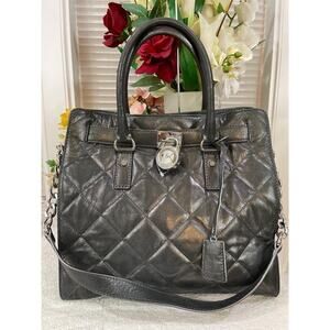 Michael Kors Hamilton quilt metallic gray tote bag purse (180